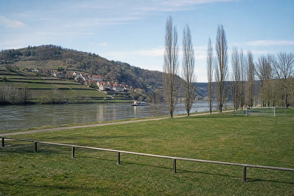 Leere Wiesenparzelle am Flussufer im Frühjahr (mit AI erstelltes Bild)