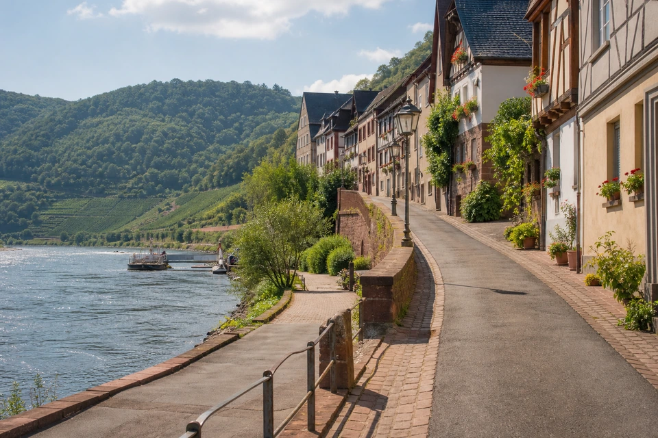 Steile Gasse mit Fachwerkhäusern, die von einem Flussquai bergauf führt (mit AI erstelltes Bild)