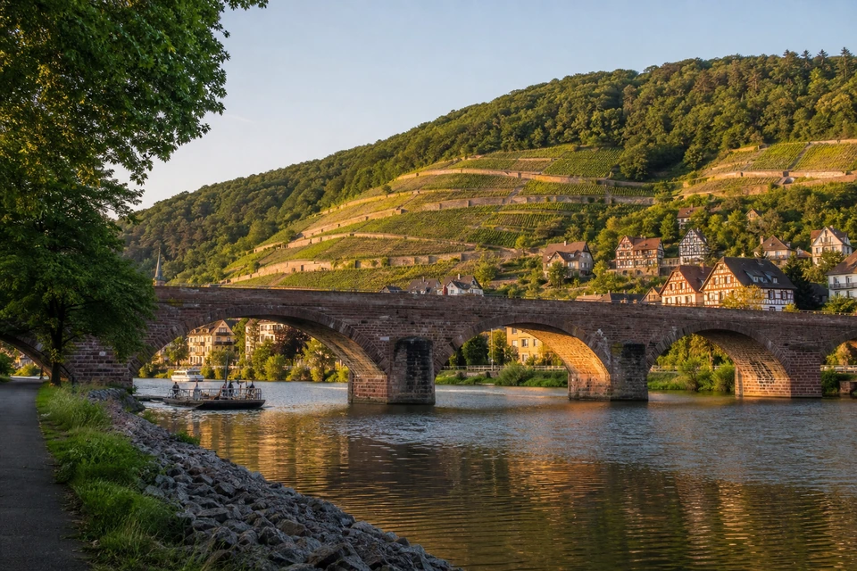 Steinerne Straßenbrücke über den ruhigen Fluss im Abendlicht (mit AI erstelltes Bild)