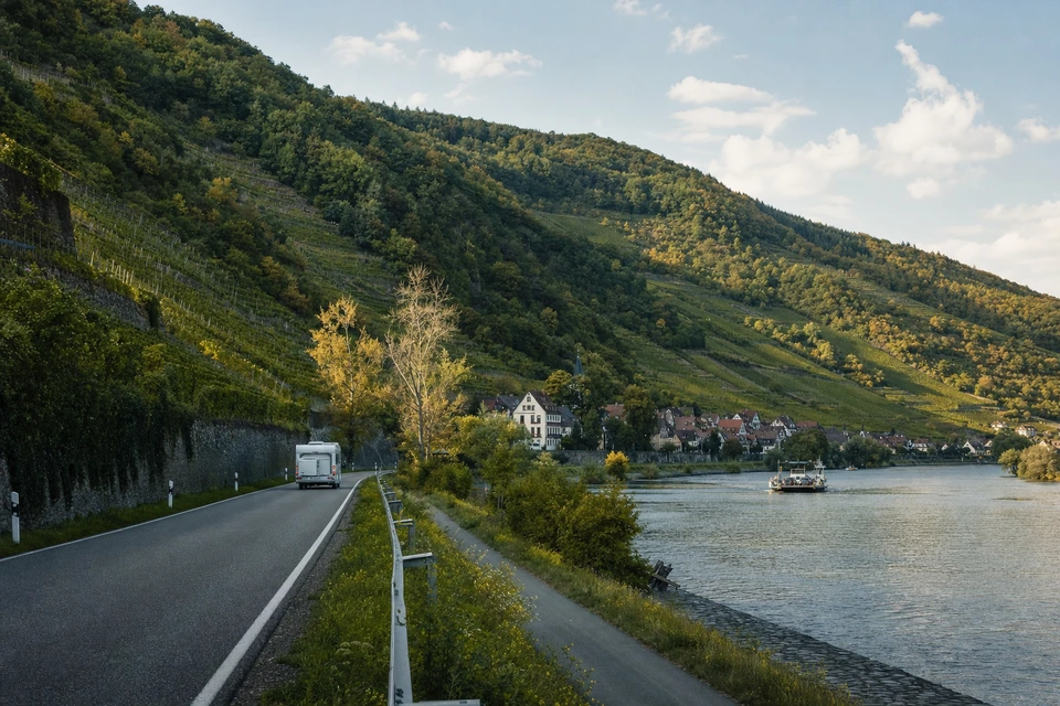 Uferstraße am Main zwischen Weinbergen und Fluss im Nachmittagslicht (mit AI erstelltes Bild)