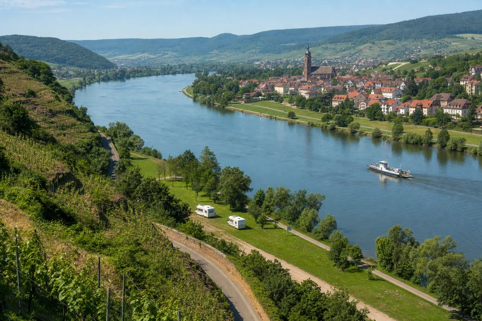 Blick von einer Weinbergterrasse hinab auf eine weite Mainschleife mit einer Stellplatzwiese am Ufer (mit AI erstelltes Bild)