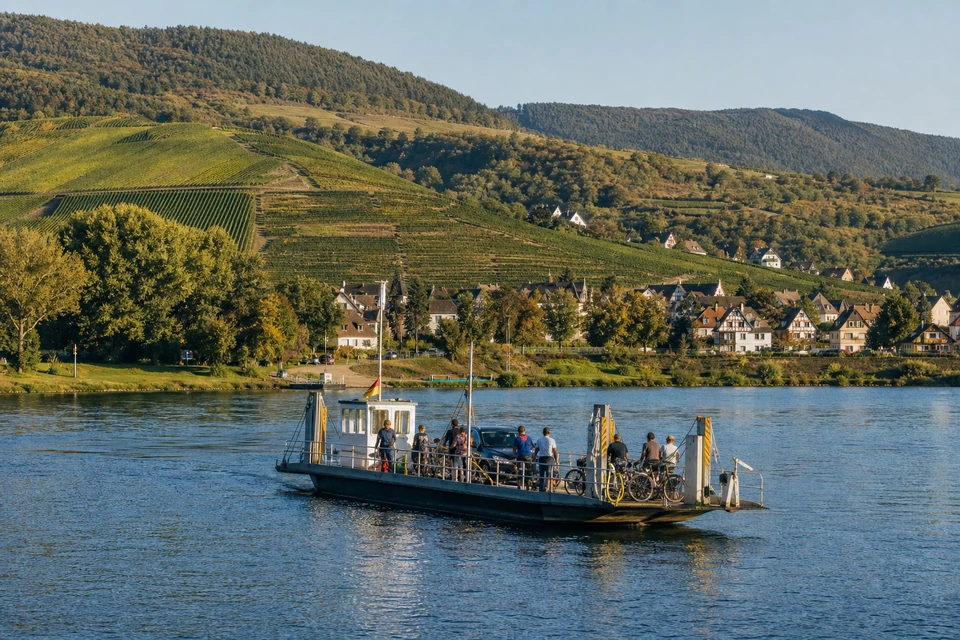 Kleine Flussfähre bei der Überfahrt (mit AI erstelltes Bild)